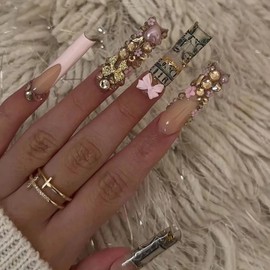 MISUD Press on Nails Extra Long Square Fake Nails Glossy Glue on Nails Dollar Money Acrylic Nail Supplies Squoval Artificial Nail Art Bling Glitter Rhinestone False Nails with Design DIY 24 pcs