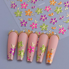 Flower Nail Art Stickers Floral Nail Decals Spring Nail Stickers for Nail Art 3D Daisy Blossom DIY Nail Design Cute Self Adhesive Finger Manicure Supplies Colorful Nail Stickers for Women Girls 6Pcs