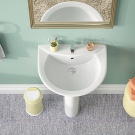 DeerValley DV-1P523 Compact White Ceramic Pedestal Sink, 20" X 17" Inch Pedestal Bathroom Sink With Overflow and Pre-Drilled Single Hole