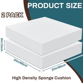 Frienda 2 Pack 6" x 24" x 24" Upholstery High Density Foam Cushion Replacement Square Cut to Size Foam Couch or Commercial Dinning Chair Couches Chair Padding DIY Projects