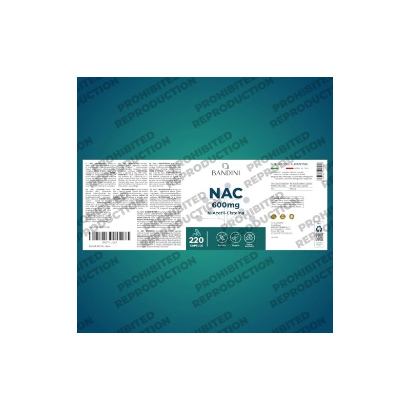 Bandini® NAC N-Acetyl-Cysteine ​​600 mg | 220 Vegan Capsules (+7