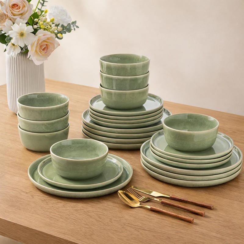 AmorArc Stoneware Dinnerware Sets,Round Reactive Glaze Ceramic Plates and Bowls