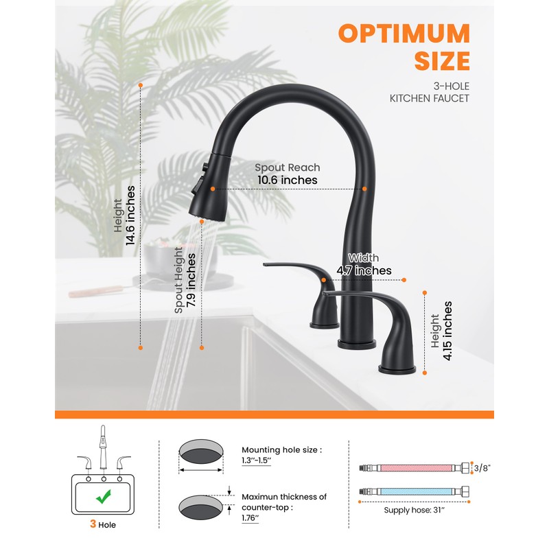 TIORIY Black Kitchen Faucet 3 Hole with Pull Down Sprayer,