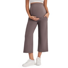 G4Free Maternity Pants for Women Wide Leg Summer Capris Over The Belly Stretch Pregnancy Cropped Slacks with Pockets (Taupe,L)