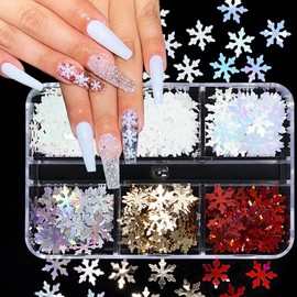 6 Grids Snowflakes Nail Glitter Sequins,3D Christmas Nail Art Sequins Holographic Snowflake Winter Xmas Nail Art Decoration Christmas Nail Stickers for Women Christmas Party Snow Flakes Nail Supplies