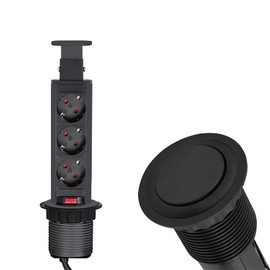 Lumonic LiftBox 3 x Schuko Sockets, Table Sockets, Black, 3 Sockets with 230 V in Tower Max. 3600 W, with Drill Hole Size 107 mm, Ideal for Installation