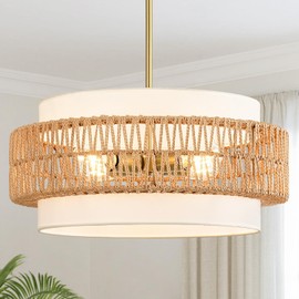 Outiron 19.7" Boho Rattan Chandelier, 4-Light Large Rattan Pendant Light with Fabric Shade, Boho Drum Ceiling Hanging Light Fixture for Dining Room, Living Room, Kitchen Island, Hallway, Foyer