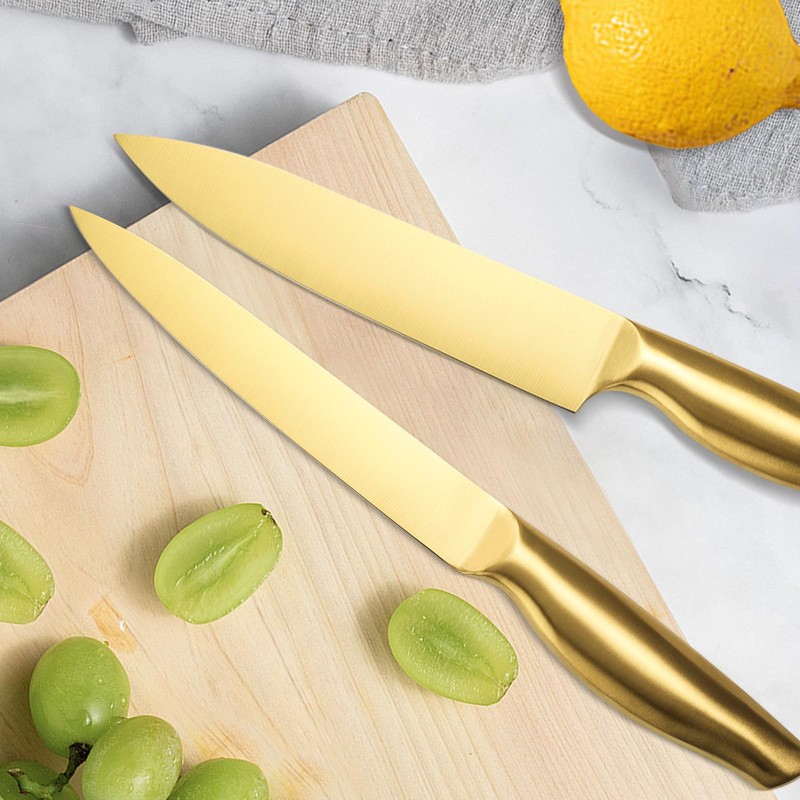 Gold Knife Set，8Pcs Gold Titanium-Coated Dishwasher Safe Kitchen Knife Block