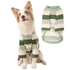 ICEMOOD Wide Stripes Dog Shirts Green and White Striped Waffle Knit Pet T-Shirt Lightweight & Breathable Soft Cotton Fabric Apparel for 27lbs - 36lbs Medium Breeds, Green, 2XL