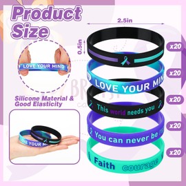 PullCrease 100 Pcs Suicide Prevention Awareness Silicone Wristband Bulk Purple Teal Ribbon Bracelet Motivational Bracelet for Suicide Prevention Awareness Inspirational Favor Charity Campaign Supplies