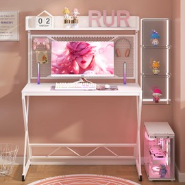 Elephance Computer Desk with Storage Shelves & Pegboard, 39inch Gaming Desk Writing Desk DIY Study Writing Workstation Table, Modern Office Desk for Home Dorm Office, White