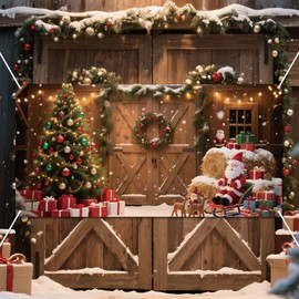 WADORN Christmas Rustic Barn Backdrop, 2.9x5.9 Ft Winter Christmas Tree Snow Wood Door Photography Background Banner Winter Holiday Family Party Decor Photo Props Supplies for Xmas Party Birthday