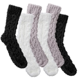 Abeillo 3Pairs Womens Fuzzy Socks Soft Cozy Fluffy Slipper Socks, Winter Warm Plush Home Sleeping Socks don't Shed Lint, Mid-Calf Coral Fleece Home Slipper Warm Socks (Black, White, Khaki)
