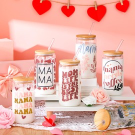 SiliFine 6 Pcs Mama Drinking Party Glasses 16 oz Glass Cup with Bamboo Lid and Glass Straw Can Shaped Beer Glass Reusable Smoothie Cup for Women Teenager Party Birthday Gift