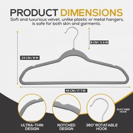 Techzoo Premium Velvet Hangers 50 Pack Ultra Thin Non Slip Adult Felt Space Saving Slim Suit Hanger for Closet Heavy Duty Coat Pants Jackets Dress Hangers 360° Swivel Hook Hold Upto 10 lbs Gray