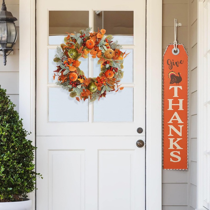 20 Inch Pre-Lit Pumpkin Fall Wreath for Front Door, 30