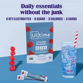 Ultima Replenisher Daily Electrolyte Powder – Blue Raspberry, 20 Stickpacks – Zero Sugar Hydration Packets with 6 Electrolytes and Minerals – Sugar Free, Plant Based & Keto Friendly Drink Mix