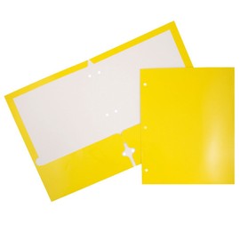 JAM PAPER Laminated Two Pocket Glossy 3 Hole Punch School Folders - Letter Size - High Gloss Yellow - Bulk 100/Box