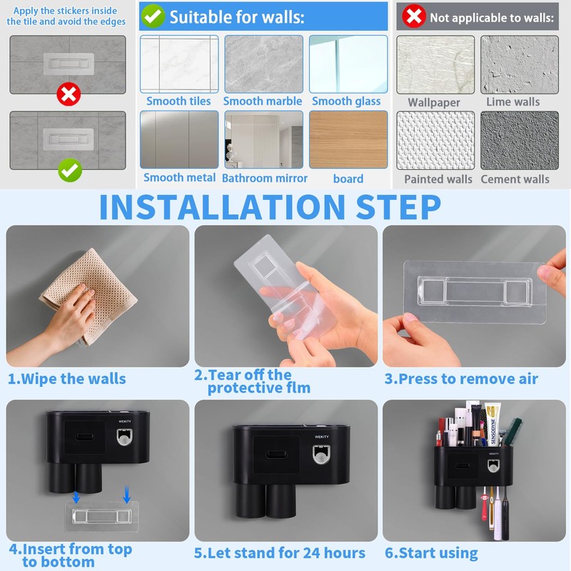 Wekity Multifunctional Wall-Mounted Toothbrush Holder, Automatic Toothpaste Dispenser Space Saving