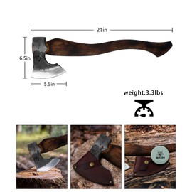 WICING Camping Axe - 21 inches Chopping Axe for Wood Splitting and Kindling, 1055 High Carbon Steel and Beech Wooden Handle, with Leather Sheath - Head 1.5 lbs