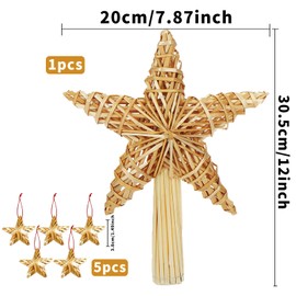 Christmas Tree Star Topper, 20 x 30.5 cm, Straw Star Christmas Tree Topper with 5 Straw Stars, Diameter 5 cm, Natural Straw Tree Topper, Christmas Tree Topper Star Made of Straw for Decorating the