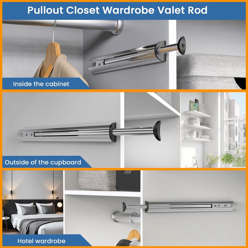 Tenovel Pull-Out Closet Clothes Closet Hanging Rod 14-Inch, Metal Telescoping