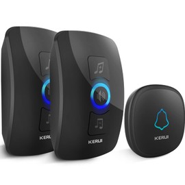 Kerui Wireless Bell 1 Transmitter 2 Receivers, Waterproof Doorbell Wireless Set, 300 m Range, 60 Melodies, IP66 Outdoor Front Door Bell for Garden, Home, Office