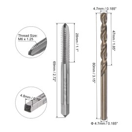 sourcing map Tap & Bit Sets, M6 x 1.25 H2 Straight Flute Machine Thread Milling Tap, 4.7mm M35 Cobalt High Speed Steel (HSS-CO) Twist Drill Bit