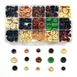 Handmade Wooden Button, 225 pcs Handmade Craft Sewing Button Round Shape 10 mm/ 11 mm/ 13 mm/ 15 mm Button with Plastic Storage Box Wood Buttons for Sewing and Crafting