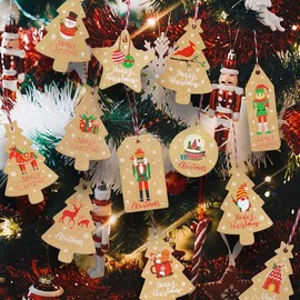 Christmas Gift Wrap Tags, 27 Pieces Wooden Tree, Star, Stocking Shapes with Strings