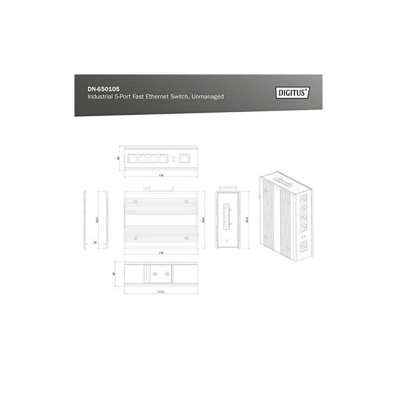 DIGITUS Network Switch - 5-Port Fast Ethernet - DIN-Rail Mounting