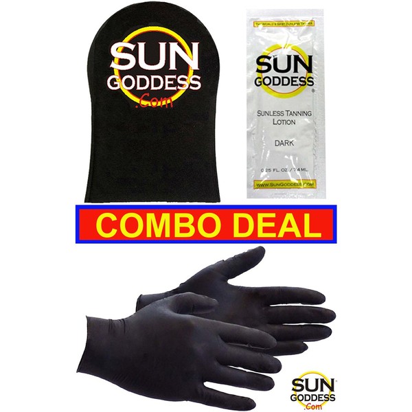 Sun Goddess - Best Combo Deal - Includes: 1 Sunless Self Tan Applicator Mitt + Sunless Self Tanner Lotion Sample + 1 PAIR Sunless Self Tanning Application Gloves - Self Tanning Mitt Lotion Gloves