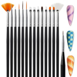 Artdone 15pcs Black Nail Art Brushes, Nail Art Tool Set, Dotting Tools, Dust Brush,Striping Brushes for Long Lines, Drawing Pen For Gel Polish Design supply