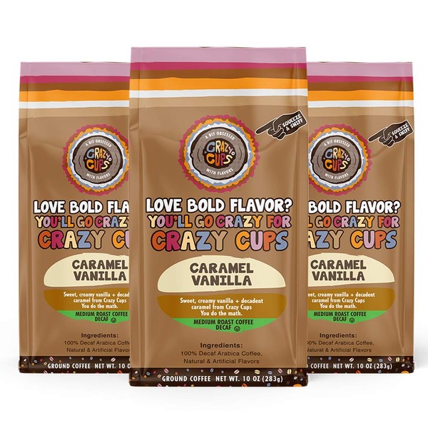 Crazy Cups Decaf Flavored Ground Coffee, Caramel Vanilla, in 10 oz Bags, For Brewing Flavored Hot or Iced Decaf Coffee, 3 Pack