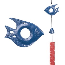 Japanese Wind Chime Cast-Iron Outdoor Ornament for Garden, Patio & Balcony, Hanging Metal Wind-Bell Decoration Gift, Blessing Pendant Windchimes, Tropical Fish - Blue