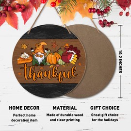 Thankful Turkey Pumpkin Gnome Thanksgiving Door Wooden Sign Decor, Farmhouse Thanksgiving Wood Hanging Signs Decorations for Home Office Kitchen Front Door