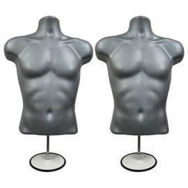 DisplayTown Male Mannequin Torso with Metal Stand Hollow Back Body Stackable Dress Form for Tshirt Display, Countertop, Craft Shows, Photos and Design, S-M Clothing Size (Gray, Set of 2)