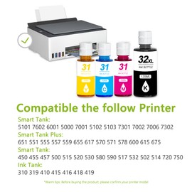 31 Ink 32XL Black Ink Bottle Set, Smart tank 5101 7602 6001 5000 ink refill Replacement for HP 31 32XL Ink Bottle Set for Smart Tank 651 5101 5000 7602 5103 6001 7301 7001 7302 5102 7002 7006 Printers