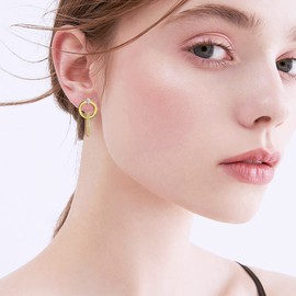 Sterling Silver Dangle Stud Earrings for Women Cubic Zirconia Geometric Statement Earring with Yellow Gold Plated Hypoallergenic Unique Jewelry, Christmas Gifts for Women