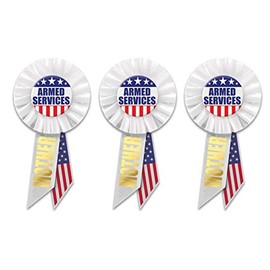 Beistle Armed Services Mother Rosettes 3 Piece Patriotic Award Ribbons 4th Of July Decorations Labor Day Party Supplies, 3.25" x 6.5", Red/White/Blue