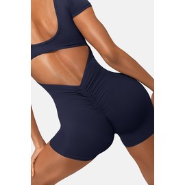 OEAK Short Sleeve Jumpsuit Workout for Women Square Neck One Piece Backless Tummy Control Bodycon Scrunch Butt Yoga Rompers(Blue,S)