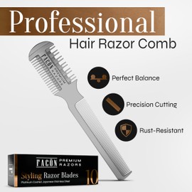 Facón Razor Comb for Hair Cutting - Professional Hair Cutting Comb Kit with 12 Replacement Blades, Double Edge Shaper for Salon & Home, Premium Styling Thinning Texturizing Split Ends Trimming Razor
