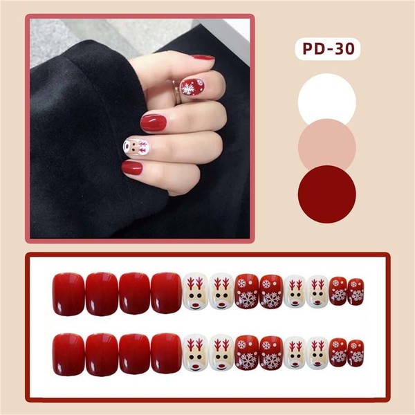 fdsmall False Nails for Women 24 Pieces Christmas False Nails Short Press on Nails with Snowman Pretty Square Fake Nails Short with Nail Glue Stick on Nails Christmas Nails (02)