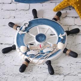 Voarge Aestm Wall Decoration Steering Wheel Wooden Steering Wheel Decoration with Fish Net Ship Steering Wheel Decoration Maritime Decoration Nautical Boat House Garden Decoration