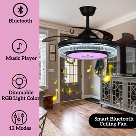 LUOLAX 42in Fandelier Ceiling Fan with Lights and Bluetooth Speaker,Modern Crystal Chandelier LED Fan 6 Speeds Fans Music with Remote Control Modern Crystal Invisible Blades with Silent Motor