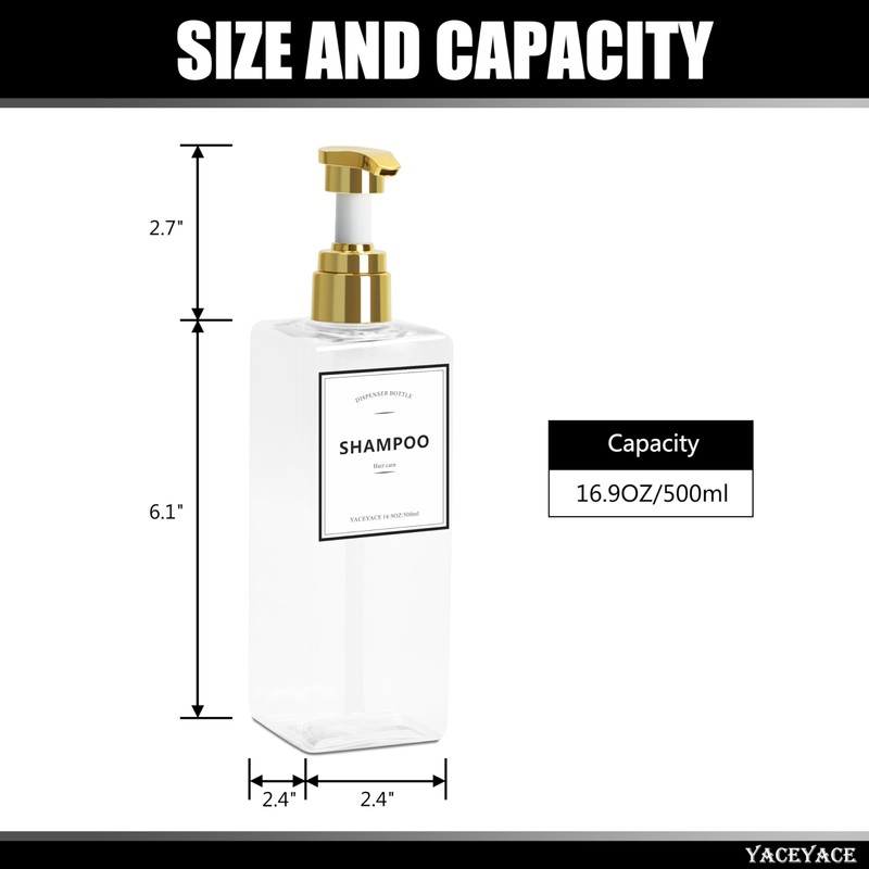YACEYACE Clear Rectangular Shampoo and Conditioner Dispenser with Gold Pump,