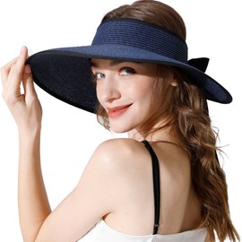 Livingston Straw Visors for Women Roll Up Wide Brim Foldable Sun Hat for Women with Ponytail Hole Beach Visor Straw Hats Blue Navy