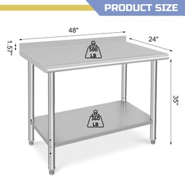 Stainless Steel Table Prep & Work Table 24 x 48 Inches NSF Heavy Duty Commercial with Backsplash for Restaurant Kitchen Home and Hotel