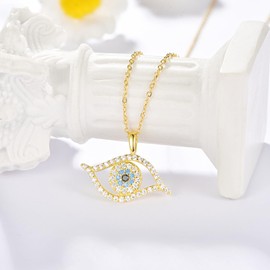 KINGWHYTE Evil Eye Necklace 925 Sterling Silver Demon Eye Protection CZ Necklace 24K Gold Plated Lucky Amulet Necklace Evil Eye Jewellery Gifts for Women, Sterling Silver, Cubic Zirconia