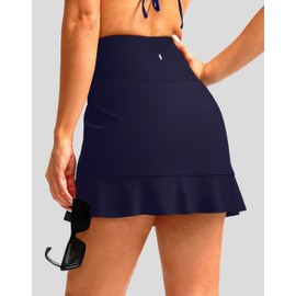 Soothfeel Women's Swim Skirt with Pocket High Waisted Ruffle Tummy Control Tankini Swimsuit Bathing Suit Bottoms (Navy,L)